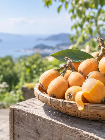 木箱の上のかごに盛られた房なりのビワ