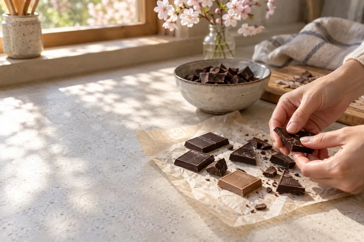 台所で割られたブラックチョコレートと桜の枝