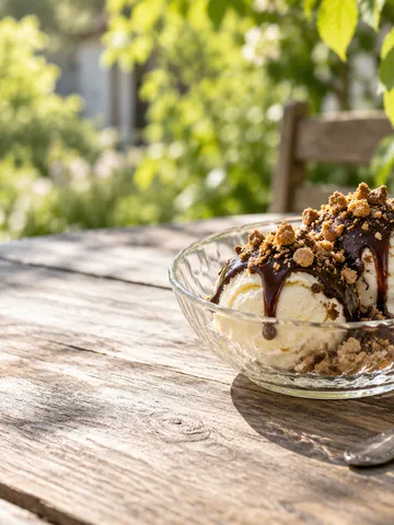 チョコとクランチをのせたバニラアイスの器
