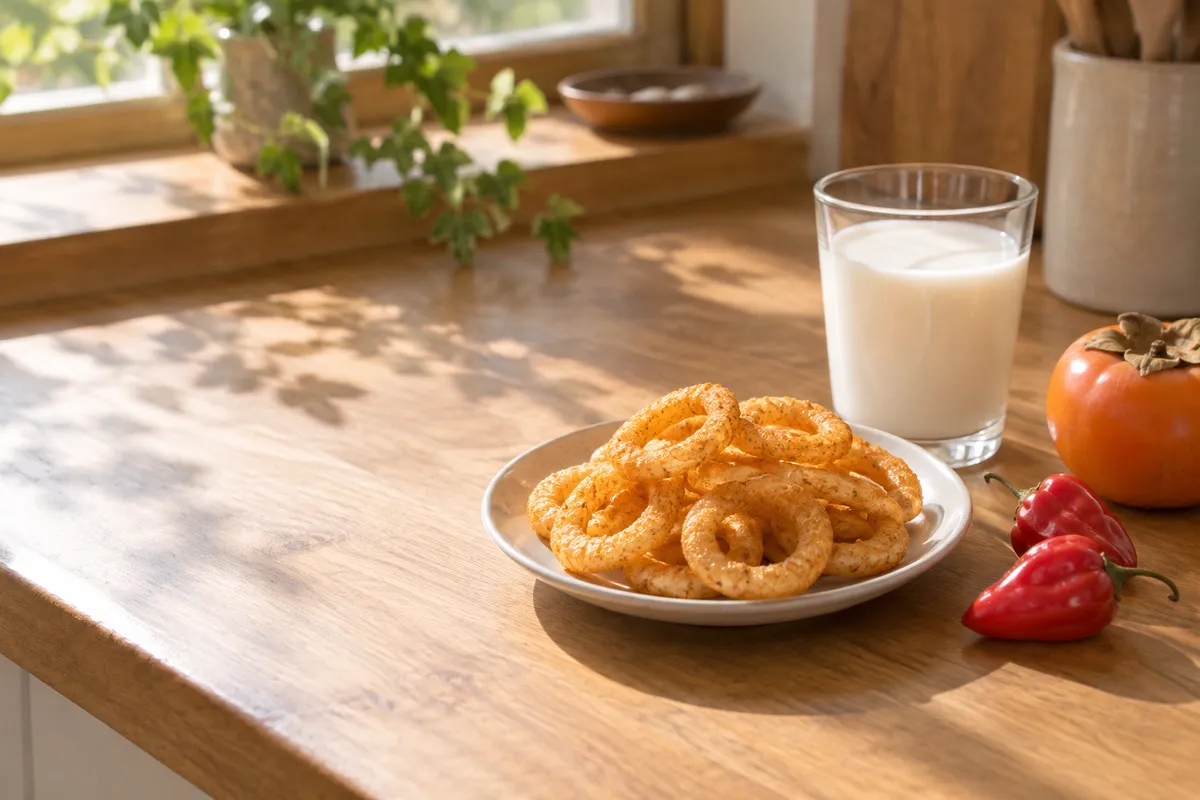 ポテトスナックのリングと赤い唐辛子、牛乳のグラス