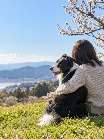 春の日なたでボーダー・コリーを抱きしめる人の後ろ姿