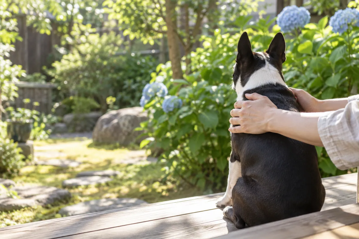 縁側で愛犬を後ろから抱きしめる手元