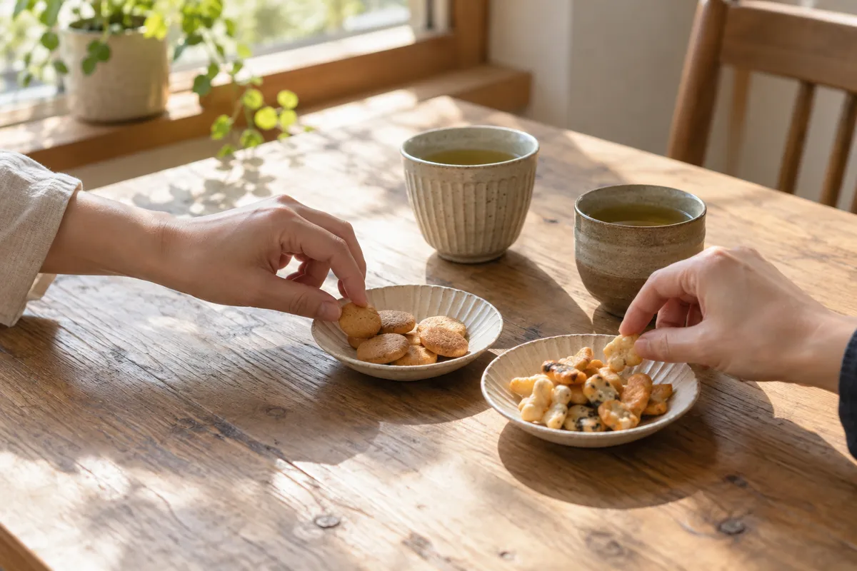窓辺のテーブルに並ぶ小さなビスケットと米菓、お茶