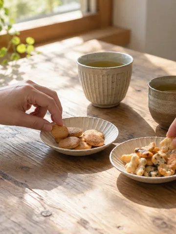 窓辺のテーブルに並ぶ小さなビスケットと米菓、お茶