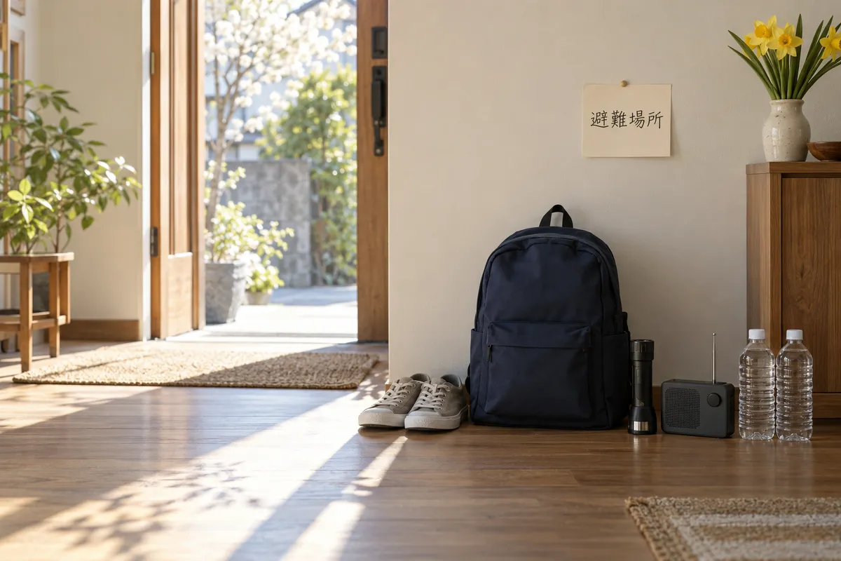 玄関に置かれた防災リュックと避難場所のメモ