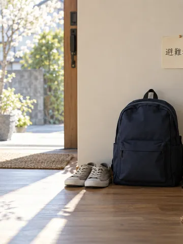 玄関に置かれた防災リュックと避難場所のメモ