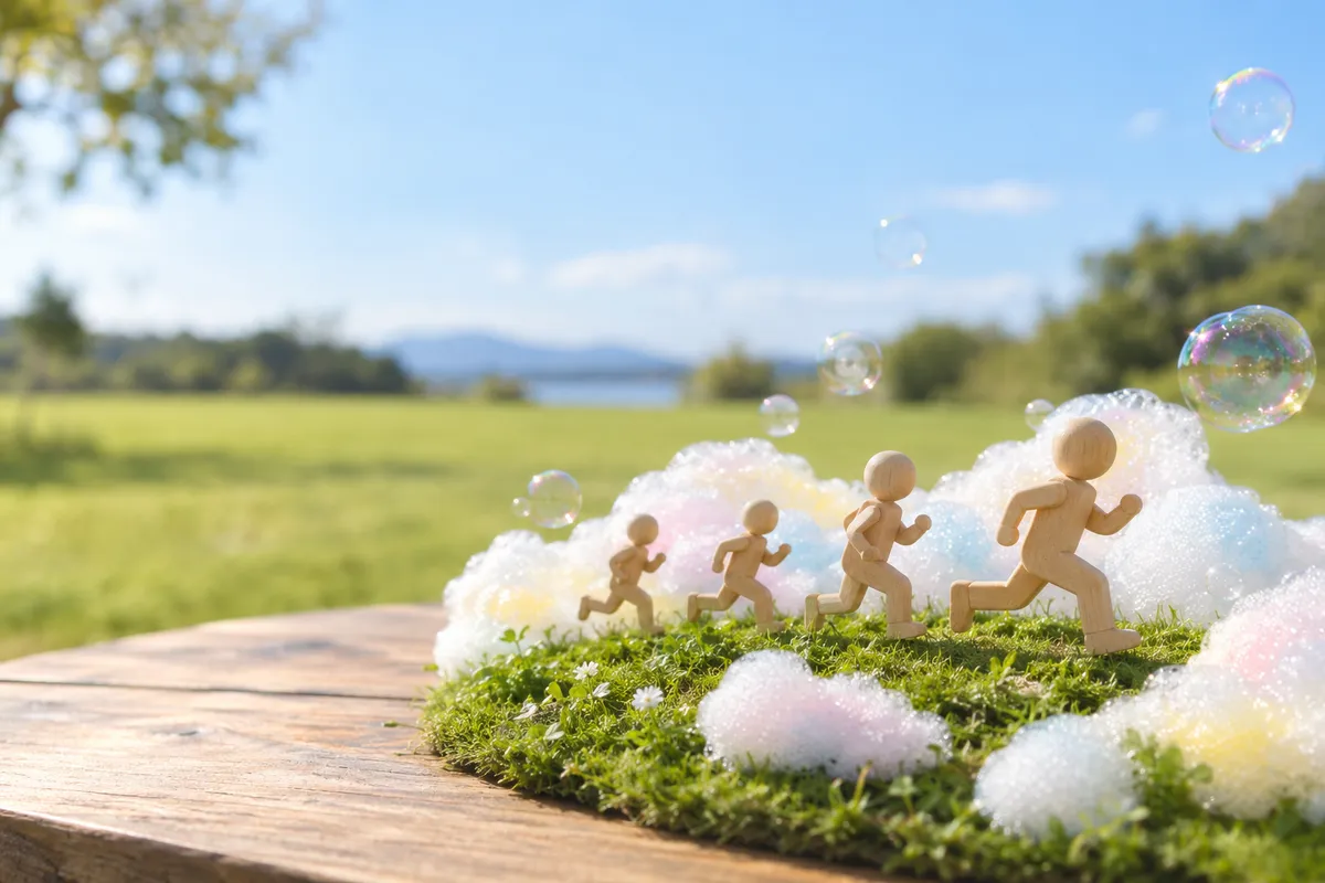芝生の上で泡に包まれる木の人形のランナー