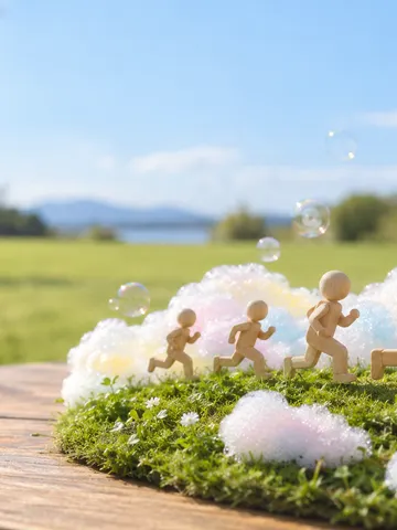 芝生の上で泡に包まれる木の人形のランナー