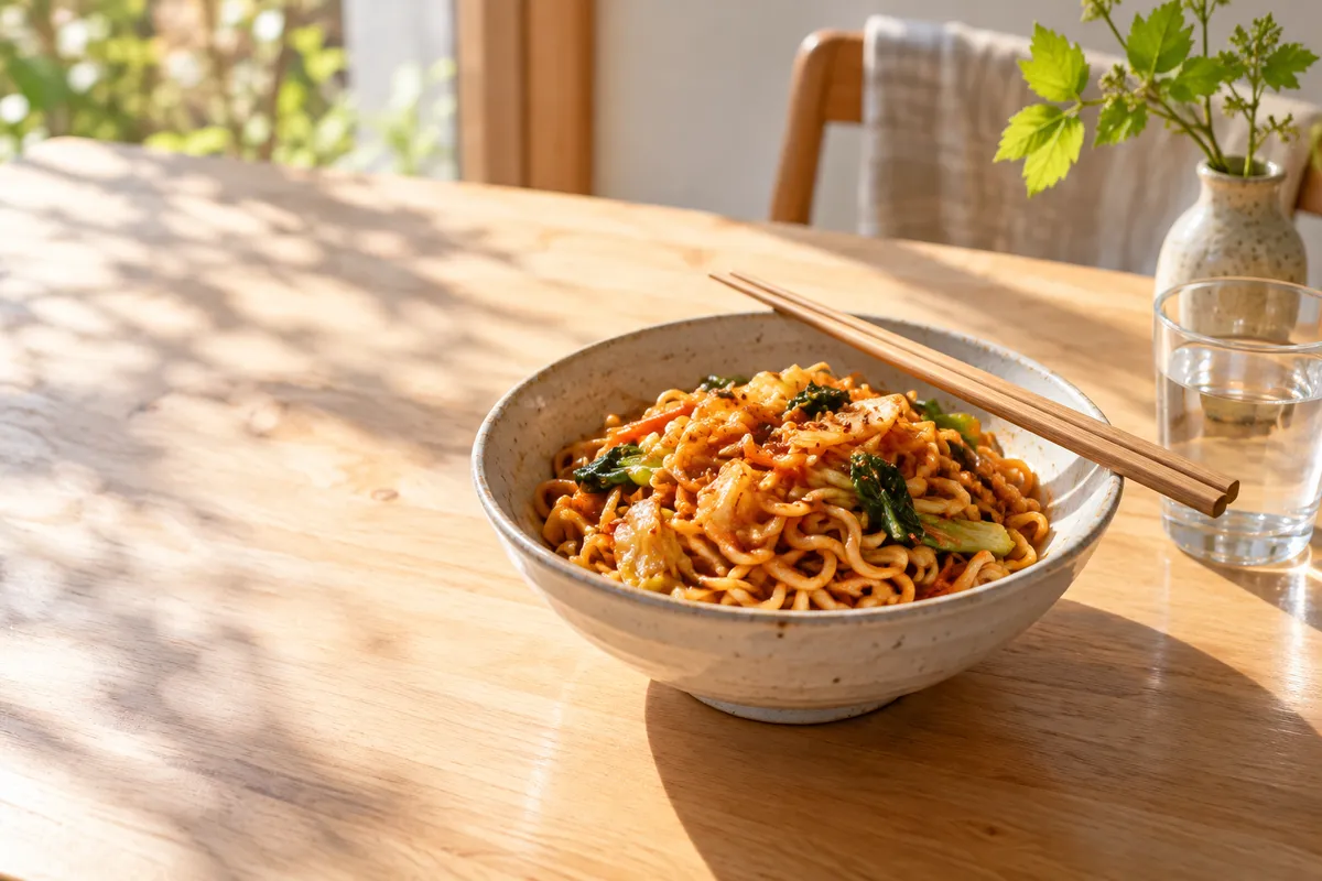 日なたの木のテーブルに置かれた赤いソースの炒め麺と水