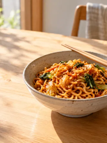 日なたの木のテーブルに置かれた赤いソースの炒め麺と水