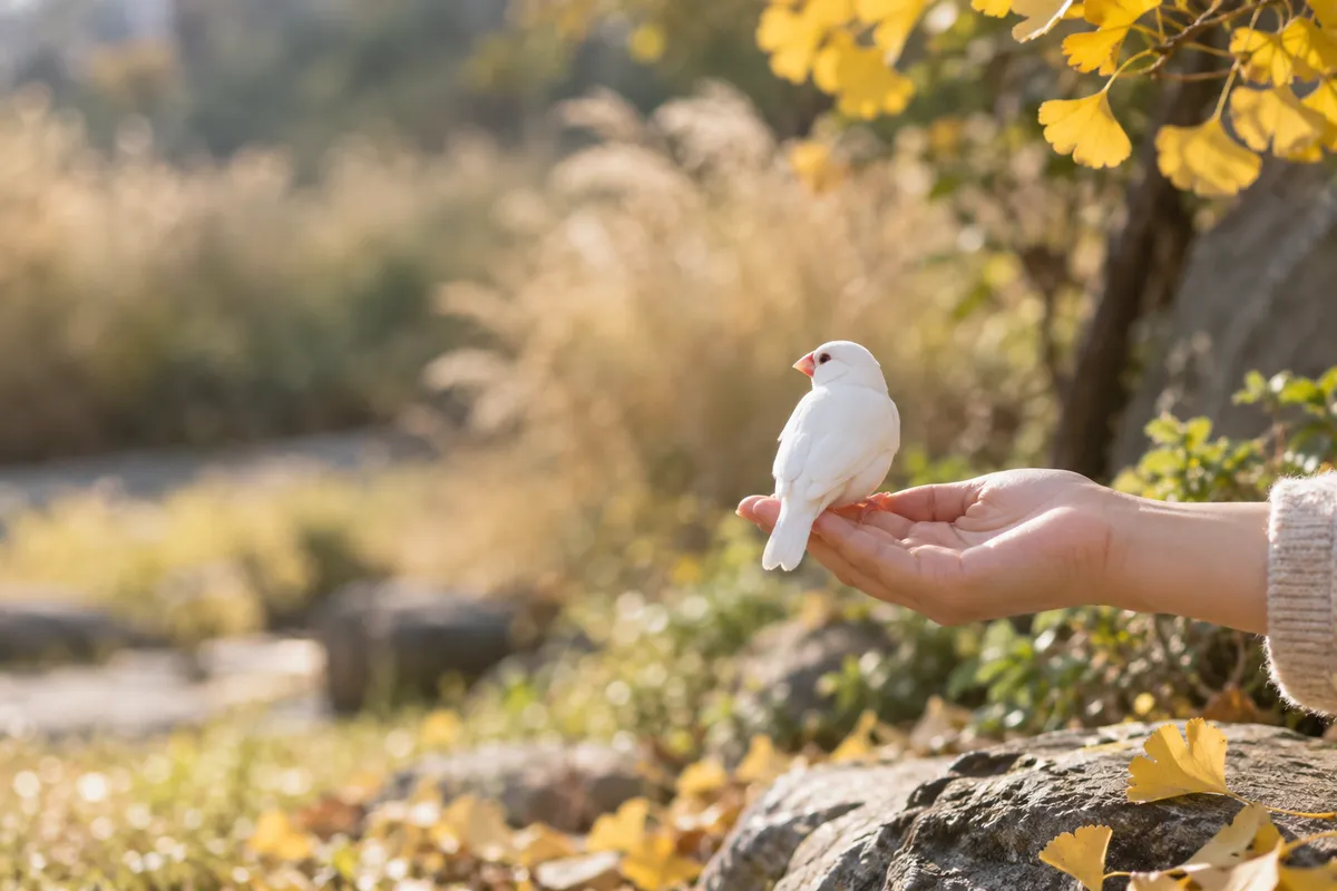 手の指先にとまる白文鳥と秋の日なた