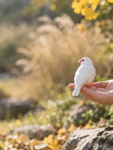 手の指先にとまる白文鳥と秋の日なた