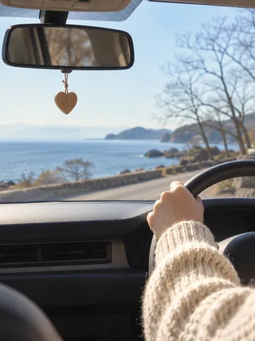 海沿いの道を望む車内とハート形の木の飾り