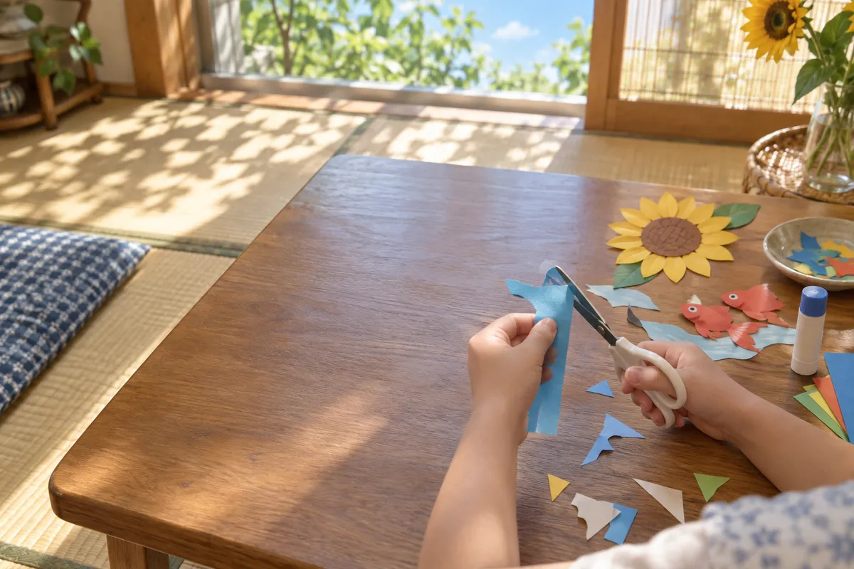 夏の昼間に子どもの手が紙をはさみで切る工作の様子