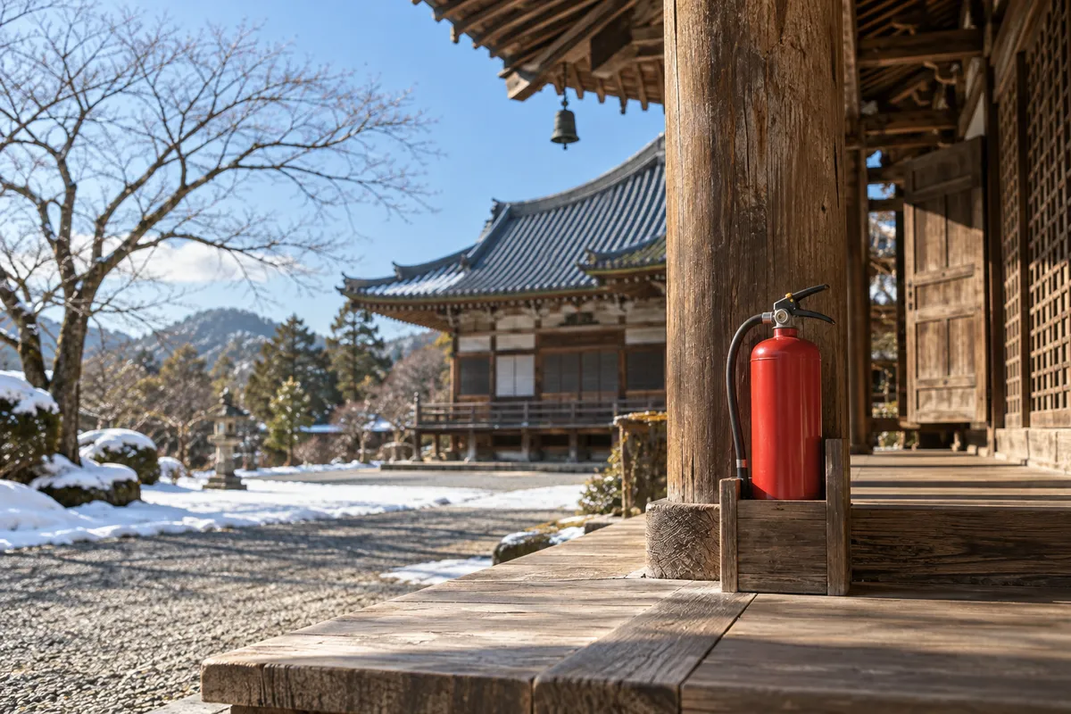 雪の残る寺の縁側に置かれた消火器