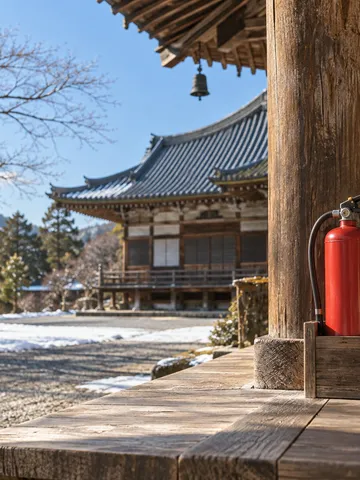 雪の残る寺の縁側に置かれた消火器