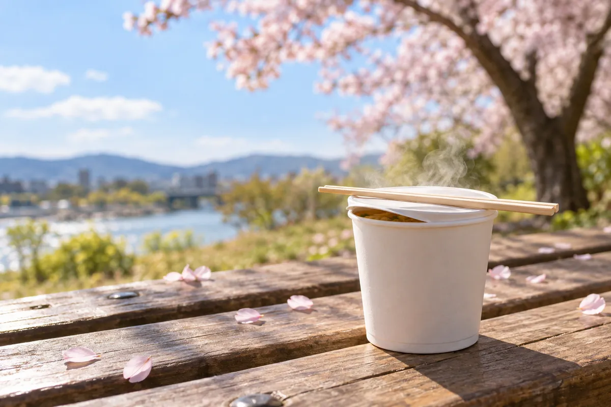 桜の季節、公園のベンチで湯気を立てる小さなカップめん
