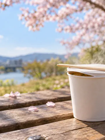 桜の季節、公園のベンチで湯気を立てる小さなカップめん