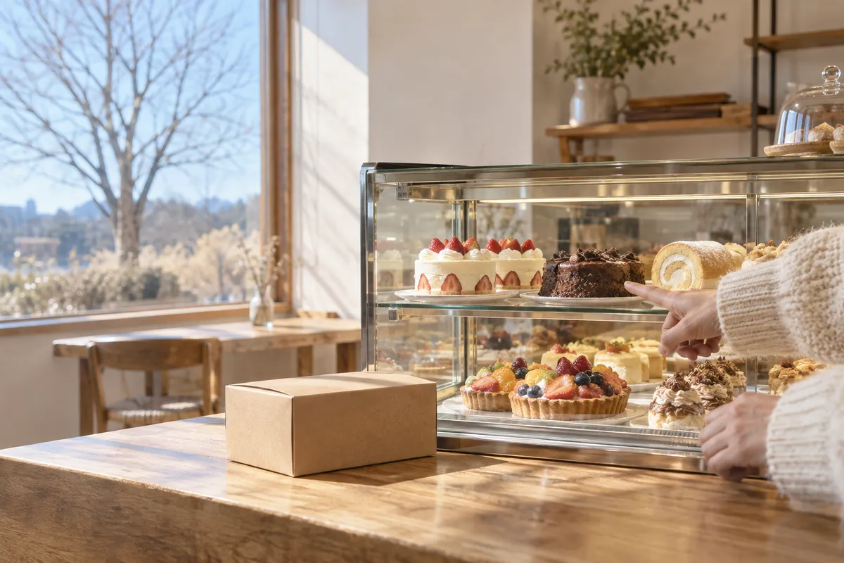 ケーキ店のショーケースに並ぶ数種類のケーキ