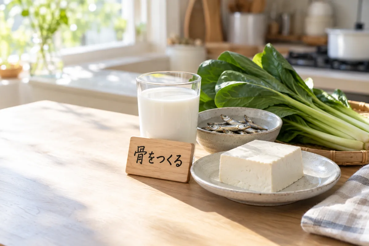 牛乳や豆腐、小魚が並ぶ台所の食卓