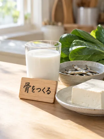 牛乳や豆腐、小魚が並ぶ台所の食卓