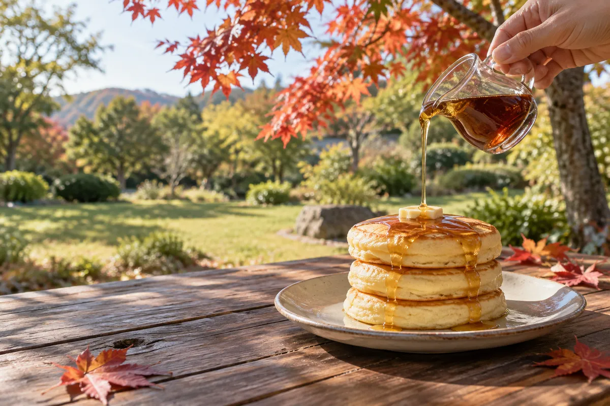 紅葉したカエデの下でパンケーキにメープルシロップをかける手元