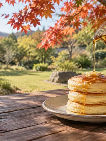 紅葉したカエデの下でパンケーキにメープルシロップをかける手元