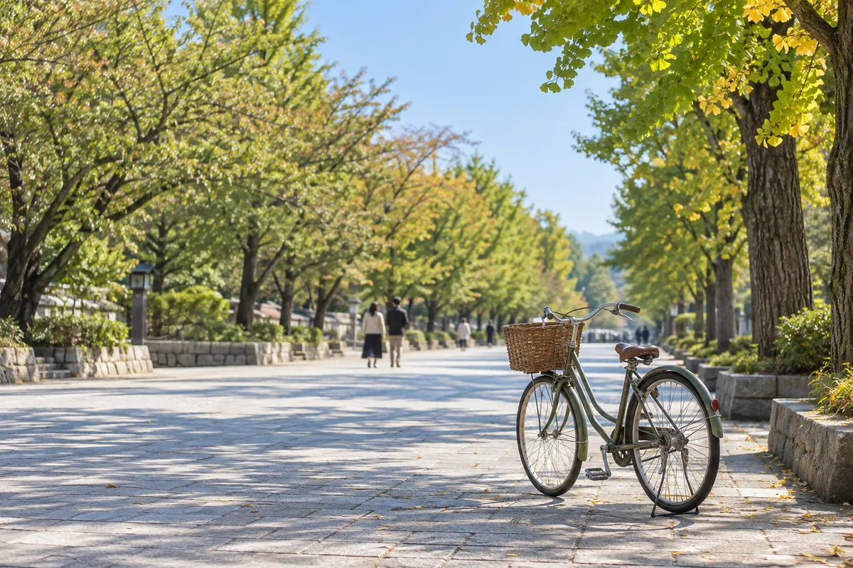 車のない広い通りに止めた自転車と遠くを歩く人々