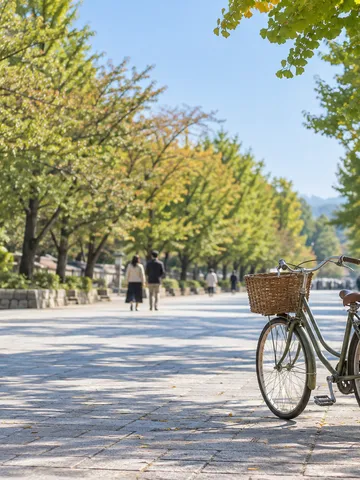 車のない広い通りに止めた自転車と遠くを歩く人々