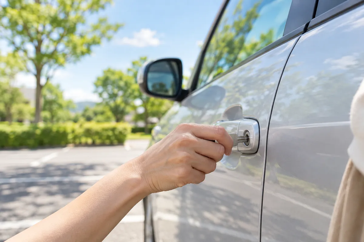 晴れた駐車場で車のドアに鍵をかける手元