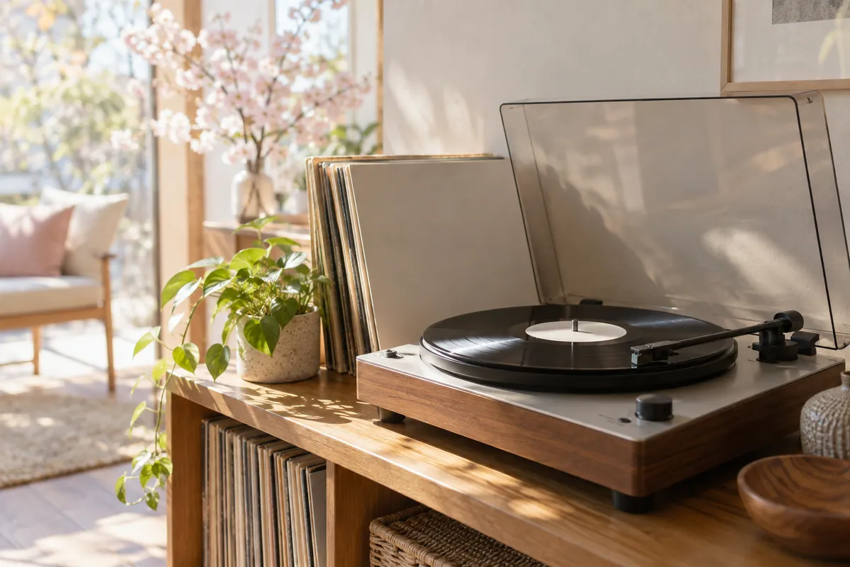 日なたの部屋でレコードが回るターンテーブル