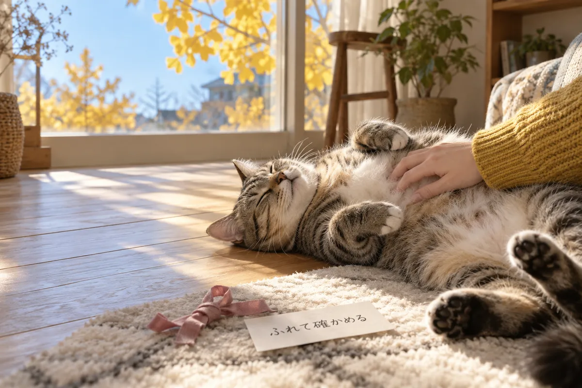 猫のおなかをなでる手とピンクのリボン