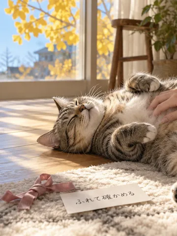 猫のおなかをなでる手とピンクのリボン