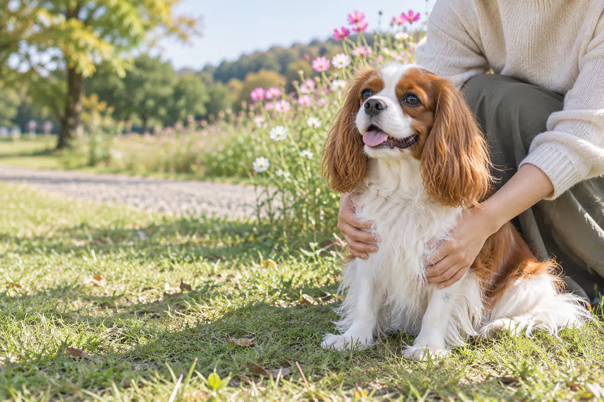 芝生で飼い主に抱きしめられるキャバリア犬