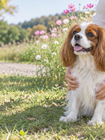 芝生で飼い主に抱きしめられるキャバリア犬