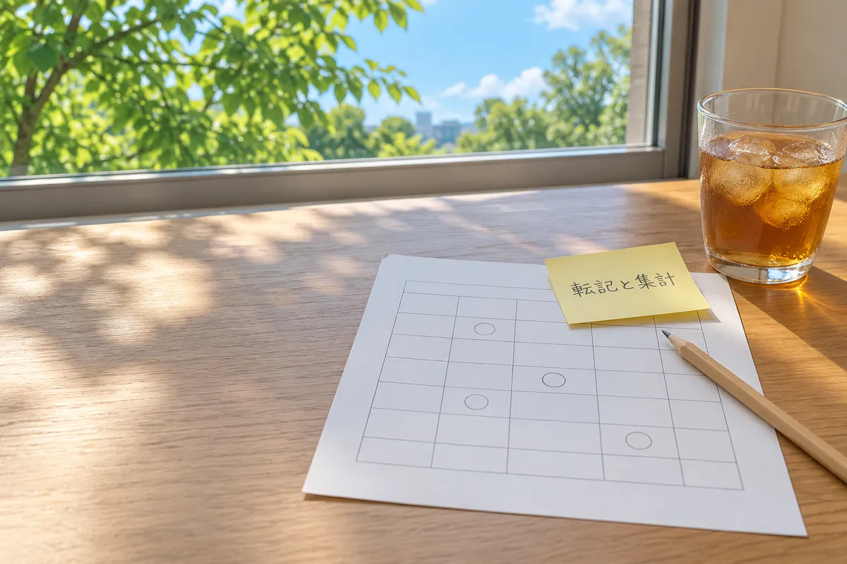 「転記と集計」のメモと表の紙が置かれた夏の事務机