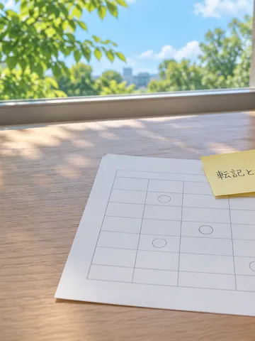 「転記と集計」のメモと表の紙が置かれた夏の事務机