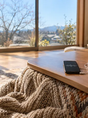 こたつの上のスマホとイヤホン、みかん