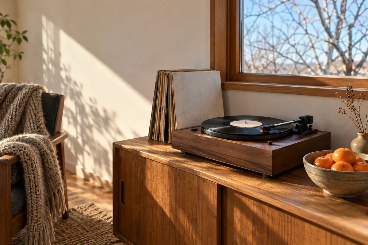 日なたの部屋のレコードプレーヤーとみかん