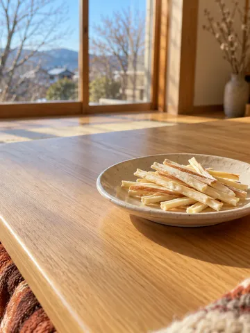 日なたの部屋の小皿に盛ったチーズ鱈風のおやつ