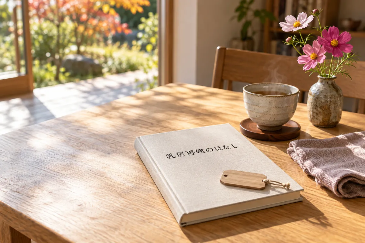 「乳房再建のはなし」と書かれた本と湯気の立つお茶