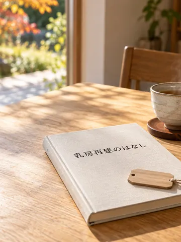 「乳房再建のはなし」と書かれた本と湯気の立つお茶