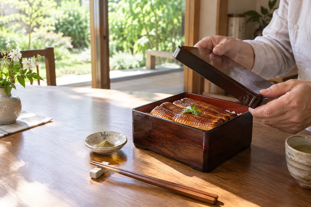 食卓に置かれたうな重と山椒、父の手元