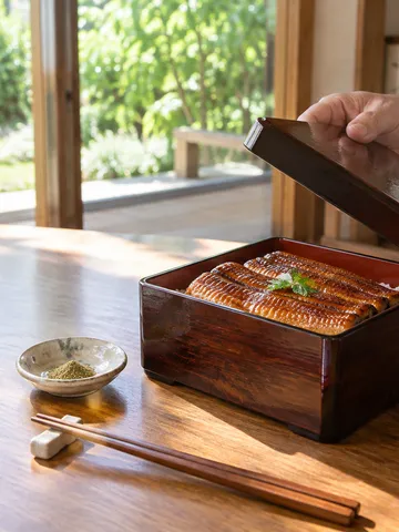 食卓に置かれたうな重と山椒、父の手元