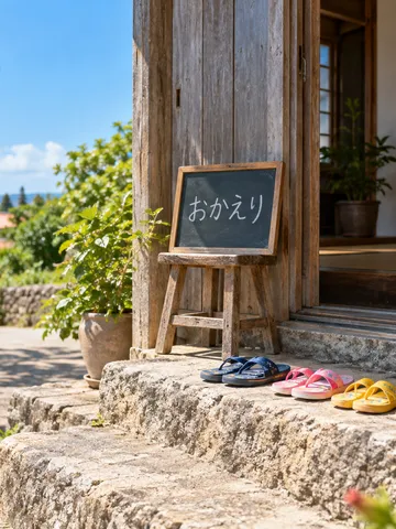 玄関の黒板に「おかえり」と書かれた夏の昼の風景