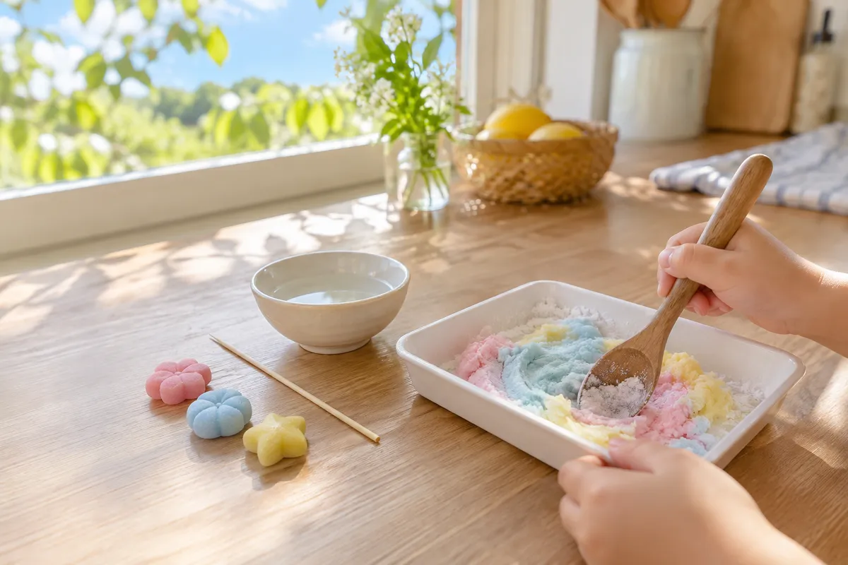 子どもの手で色とりどりのお菓子の生地を混ぜる台所