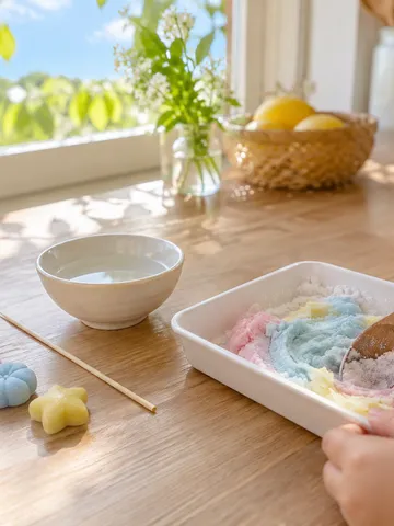 子どもの手で色とりどりのお菓子の生地を混ぜる台所