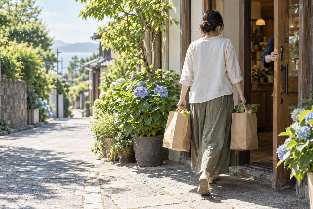 買い物袋の人のために扉を押さえる手