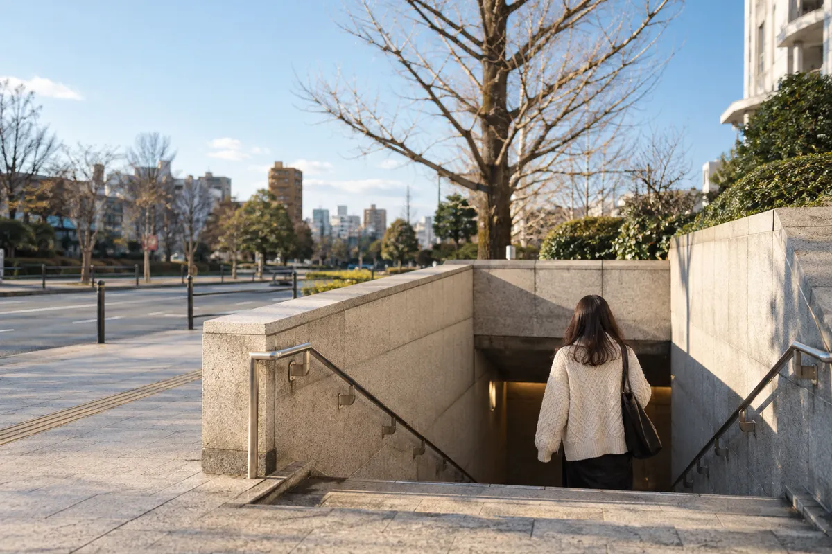 晴れた冬の日、地下へ下りる階段と葉の落ちた木