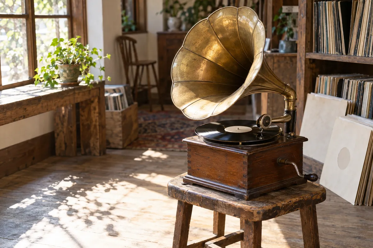 明るい日差しの中の、ラッパ付き蓄音機とレコード